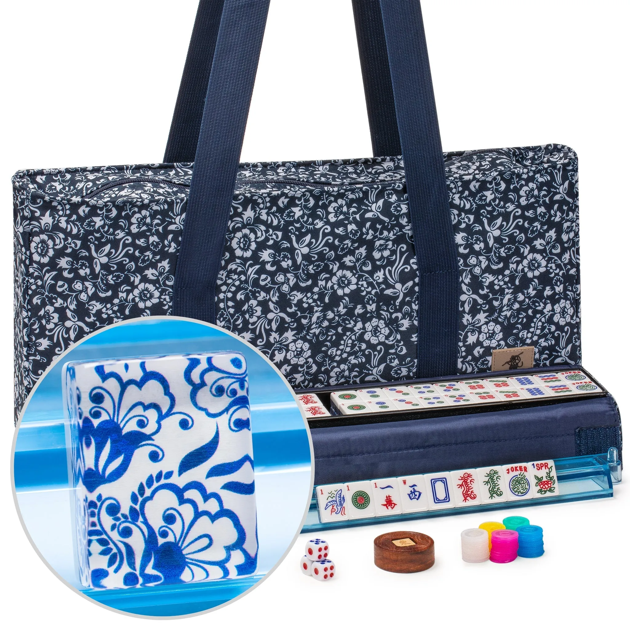 American Mahjong Set, "Chinoise II" with Floral Blue Soft Case - Racks with Pushers, Scoring Coins, Dice, and Wind Indicator