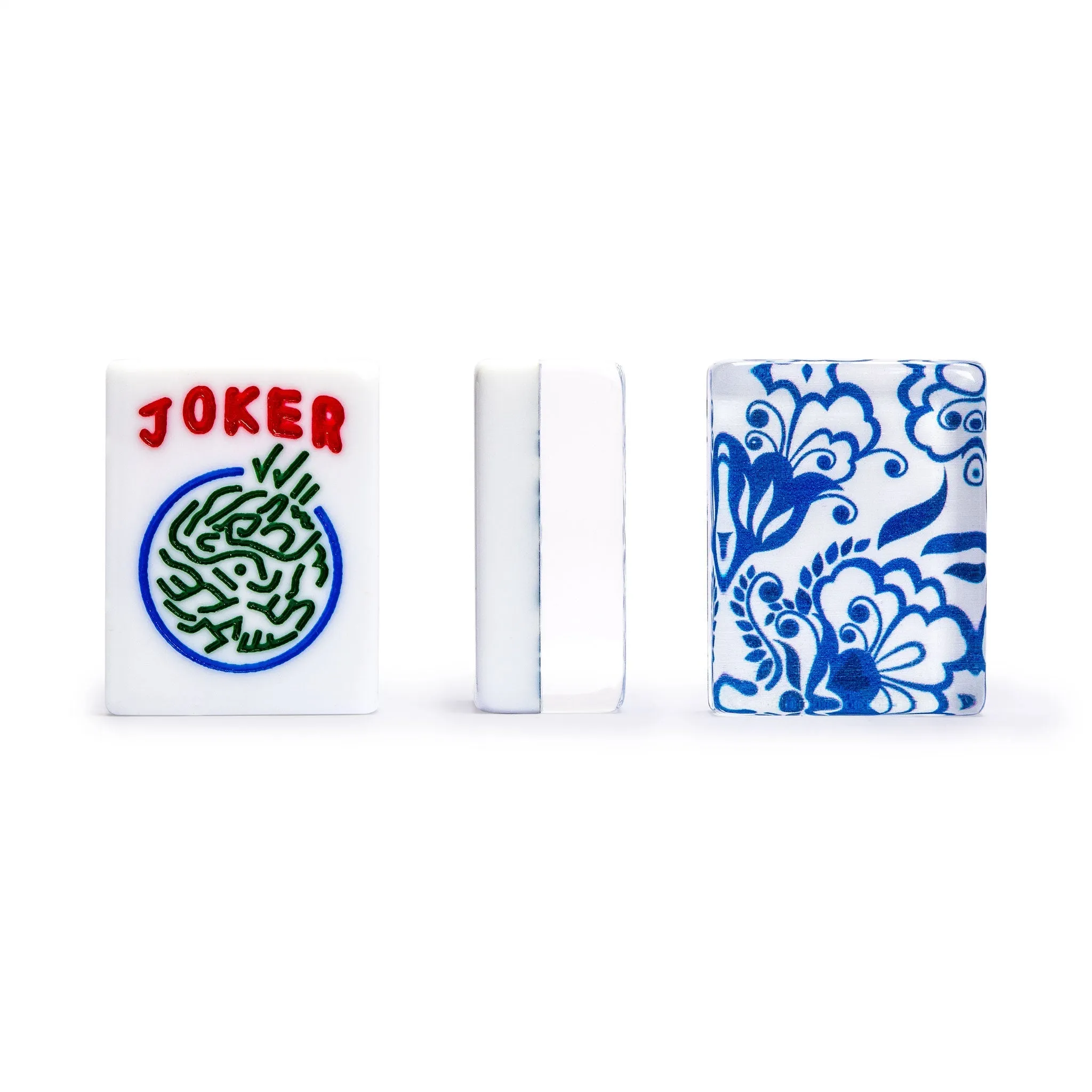 American Mahjong Set, "Chinoise II" with Floral Blue Soft Case - Racks with Pushers, Scoring Coins, Dice, and Wind Indicator
