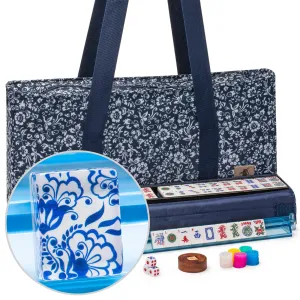 American Mahjong Set, "Chinoise II" with Floral Blue Soft Case - Racks with Pushers, Scoring Coins, Dice, and Wind Indicator