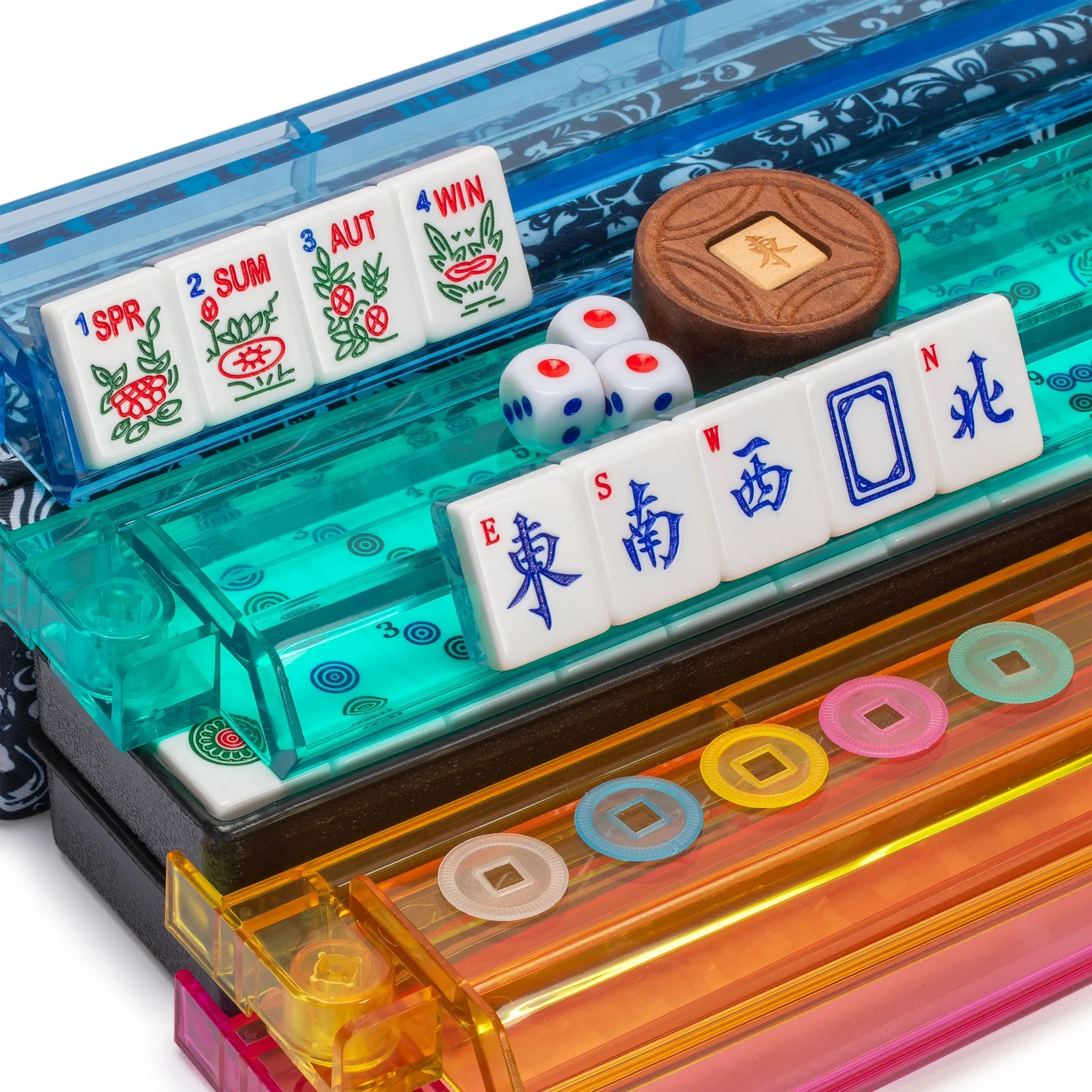 American Mahjong Set, "Chinoise II" with Floral Blue Soft Case - Racks with Pushers, Scoring Coins, Dice, and Wind Indicator