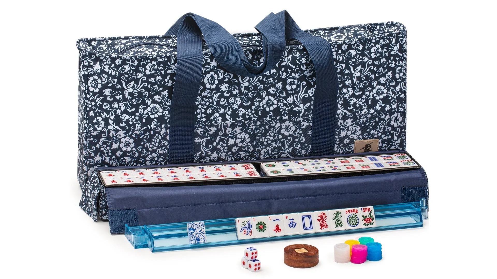 American Mahjong Set, "Chinoise II" with Floral Blue Soft Case - Racks with Pushers, Scoring Coins, Dice, and Wind Indicator