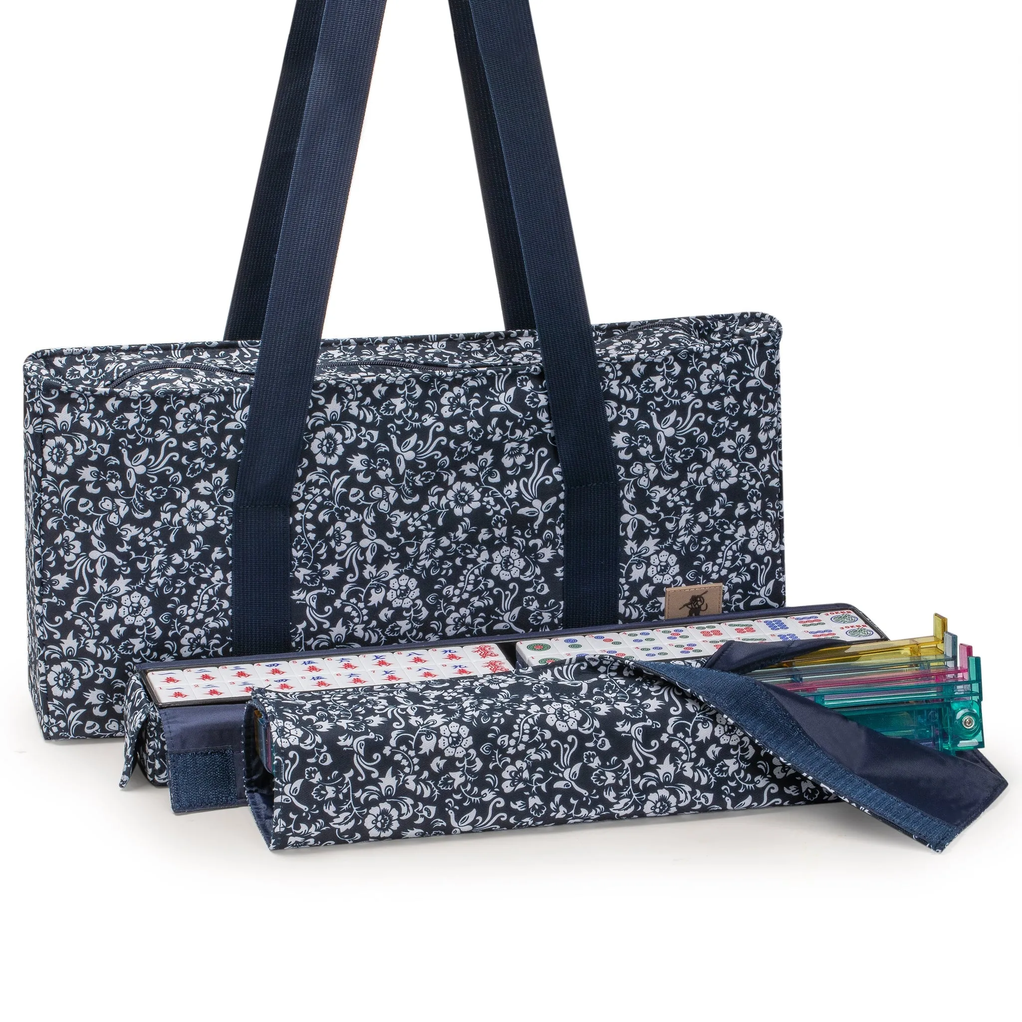 American Mahjong Set, "Chinoise II" with Floral Blue Soft Case - Racks with Pushers, Scoring Coins, Dice, and Wind Indicator