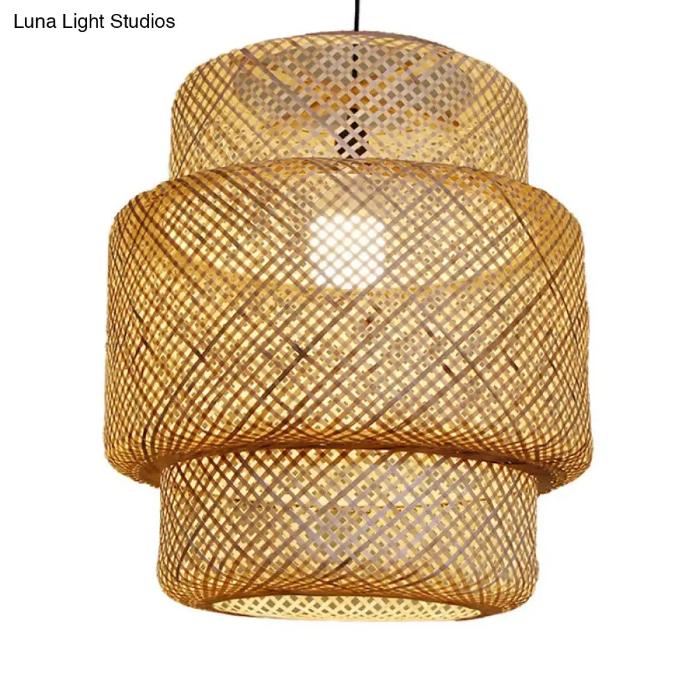 Asia Bamboo Lantern Ceiling Pendant Light - 1-Light Beige Lamp for Corridor