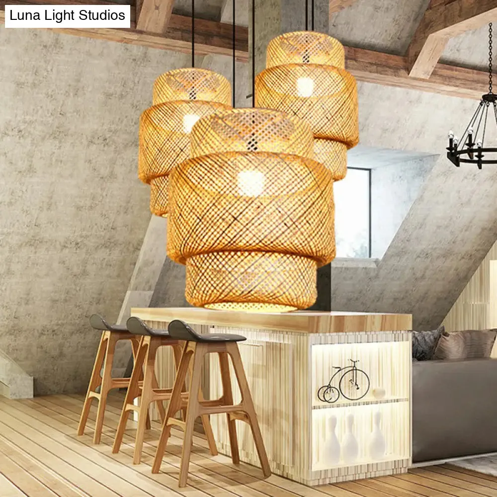 Asia Bamboo Lantern Ceiling Pendant Light - 1-Light Beige Lamp for Corridor