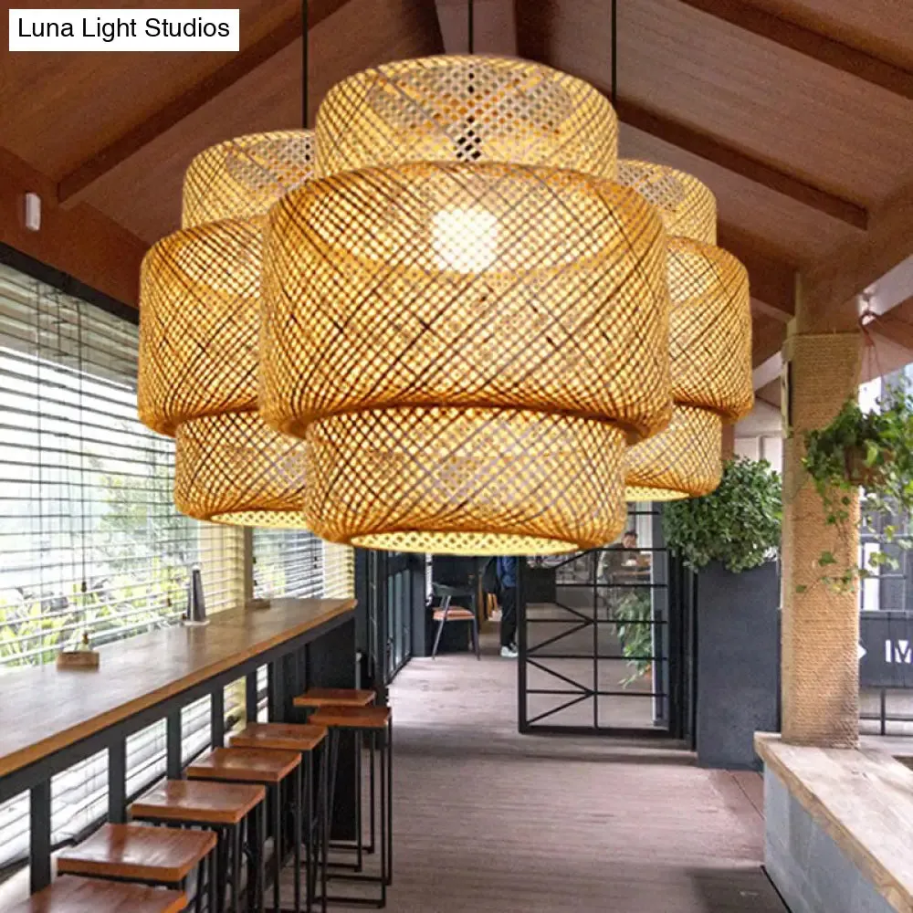 Asia Bamboo Lantern Ceiling Pendant Light - 1-Light Beige Lamp for Corridor