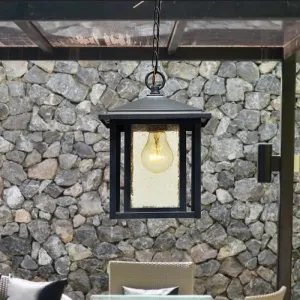 Black Outdoor Retro Pendant Lantern with Clear Seedy Glass - 1-Head Hanging Light Fixture