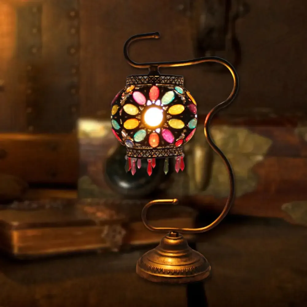 Bohemia Acrylic Lantern Nightstand Lamp - Antiqued Brass, Curved Arm, 1 Bulb, Table Light