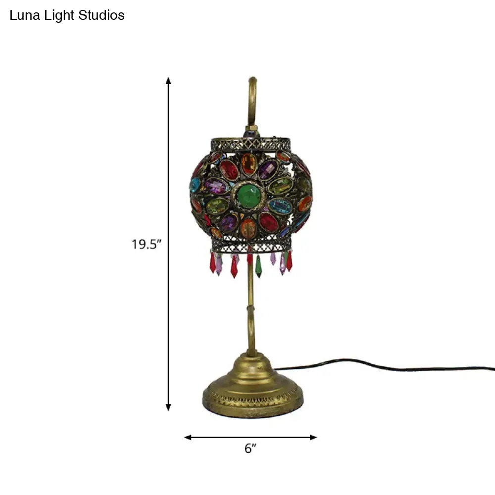 Bohemia Acrylic Lantern Nightstand Lamp - Antiqued Brass, Curved Arm, 1 Bulb, Table Light