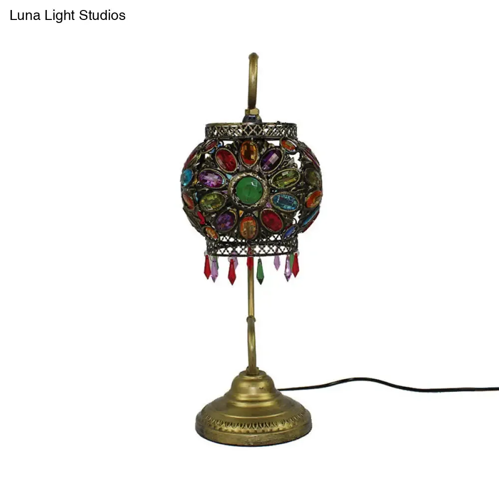 Bohemia Acrylic Lantern Nightstand Lamp - Antiqued Brass, Curved Arm, 1 Bulb, Table Light