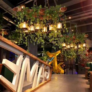 Industrial Black Metal Lantern Island Light - 8-Lights Hanging Lamp with Plant Decoration