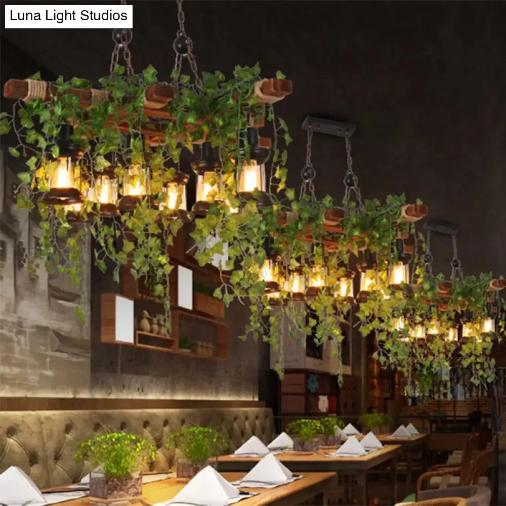 Industrial Black Metal Lantern Island Light - 8-Lights Hanging Lamp with Plant Decoration