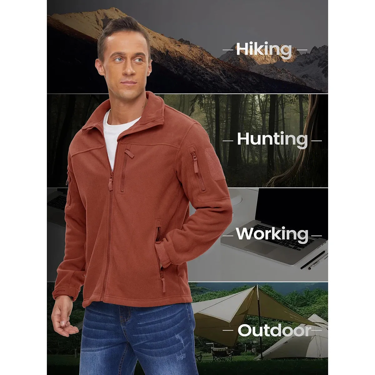 MAGCOMSEN Men's Fleece Jackets Fall Winter Cold Weather Thermal Safari Jackets Windproof Full Zip Jackets Field Work Outwear