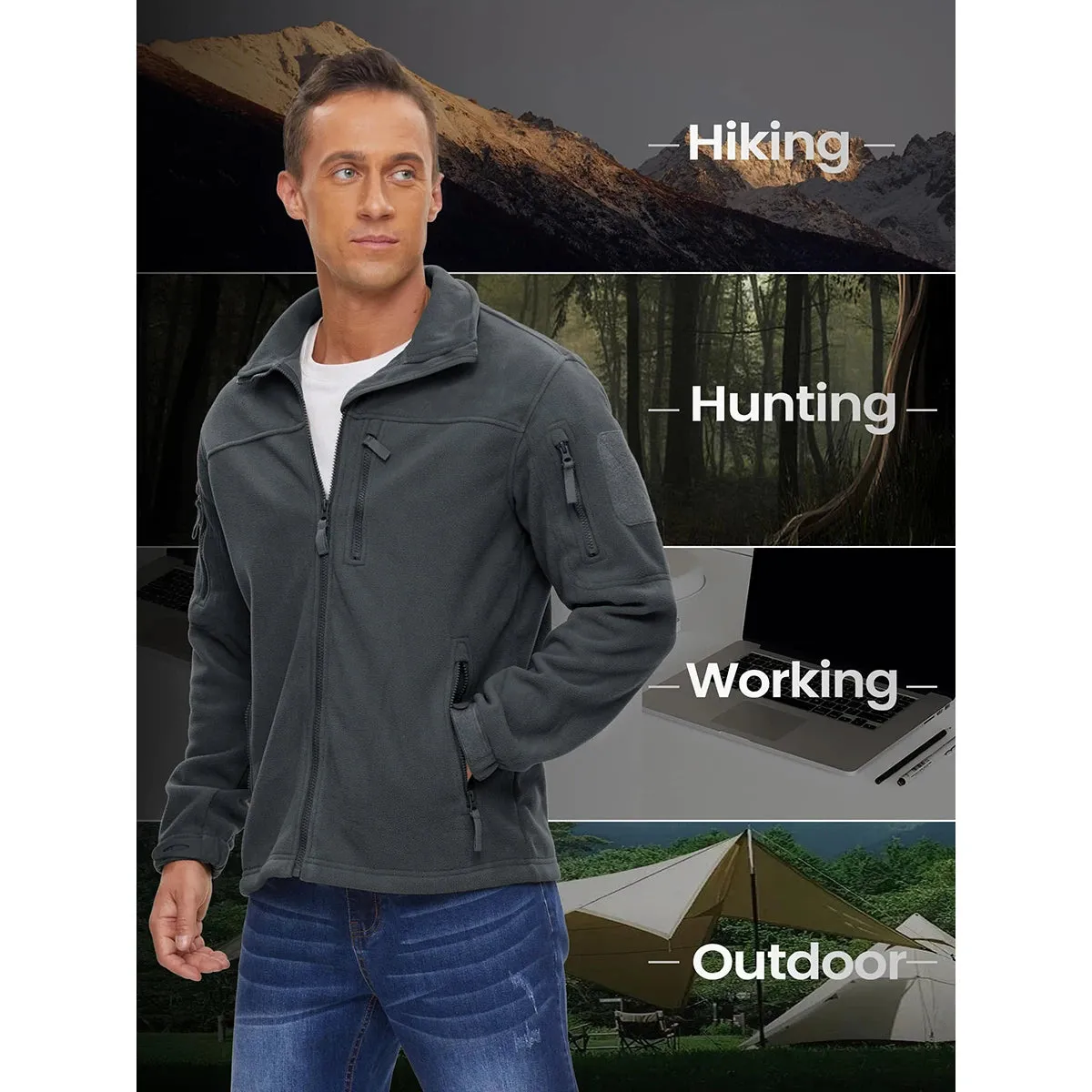 MAGCOMSEN Men's Fleece Jackets Fall Winter Cold Weather Thermal Safari Jackets Windproof Full Zip Jackets Field Work Outwear