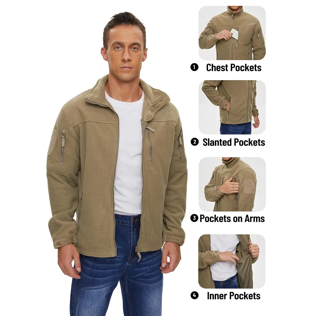 MAGCOMSEN Men's Fleece Jackets Fall Winter Cold Weather Thermal Safari Jackets Windproof Full Zip Jackets Field Work Outwear