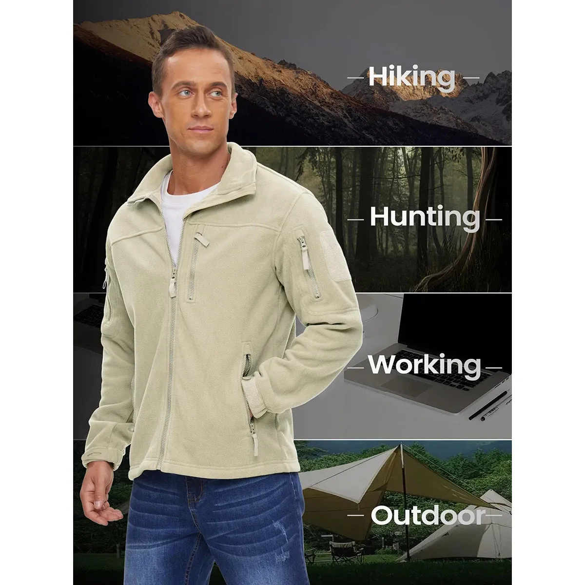 MAGCOMSEN Men's Fleece Jackets Fall Winter Cold Weather Thermal Safari Jackets Windproof Full Zip Jackets Field Work Outwear