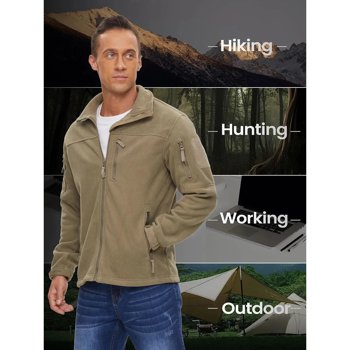 MAGCOMSEN Men's Fleece Jackets Fall Winter Cold Weather Thermal Safari Jackets Windproof Full Zip Jackets Field Work Outwear