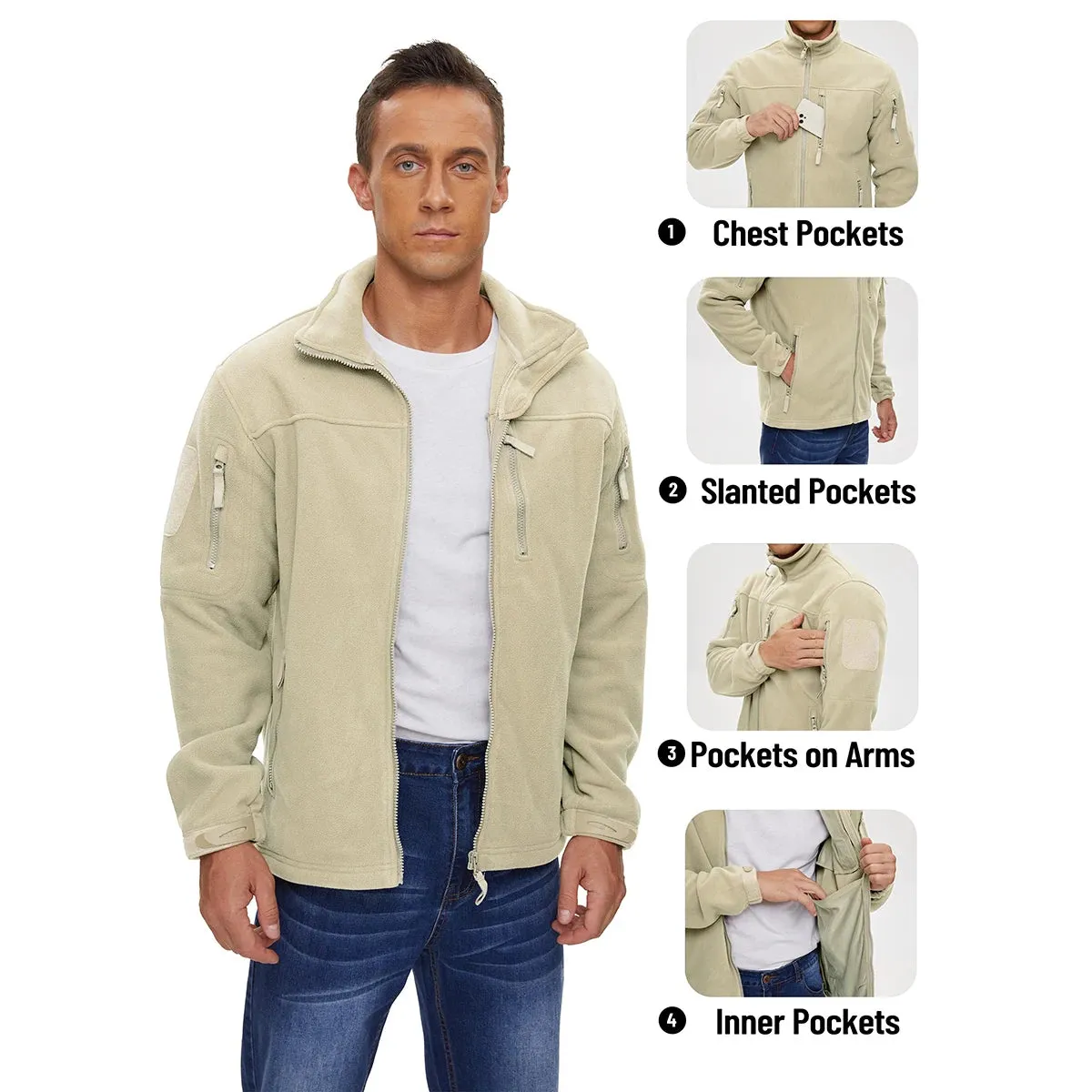 MAGCOMSEN Men's Fleece Jackets Fall Winter Cold Weather Thermal Safari Jackets Windproof Full Zip Jackets Field Work Outwear
