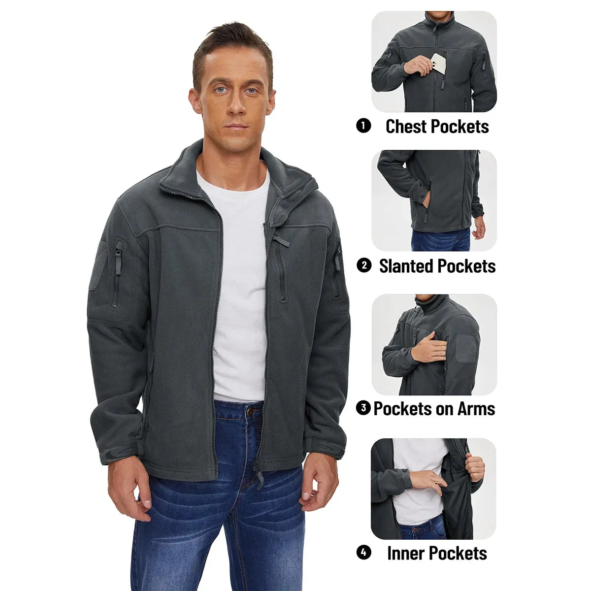 MAGCOMSEN Men's Fleece Jackets Fall Winter Cold Weather Thermal Safari Jackets Windproof Full Zip Jackets Field Work Outwear