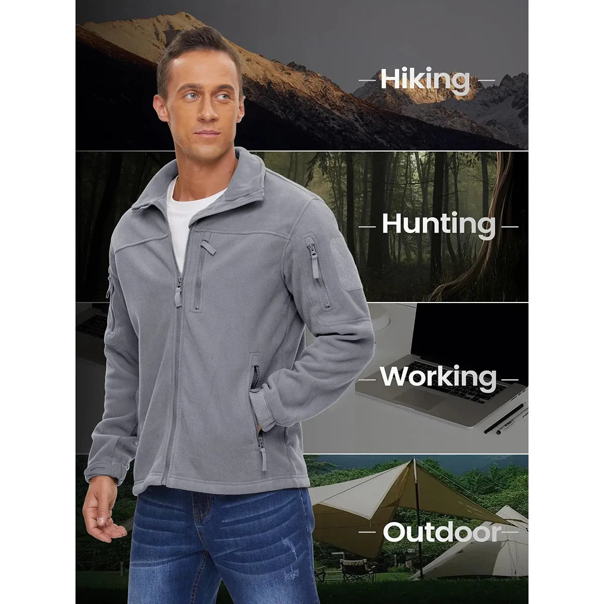 MAGCOMSEN Men's Fleece Jackets Fall Winter Cold Weather Thermal Safari Jackets Windproof Full Zip Jackets Field Work Outwear