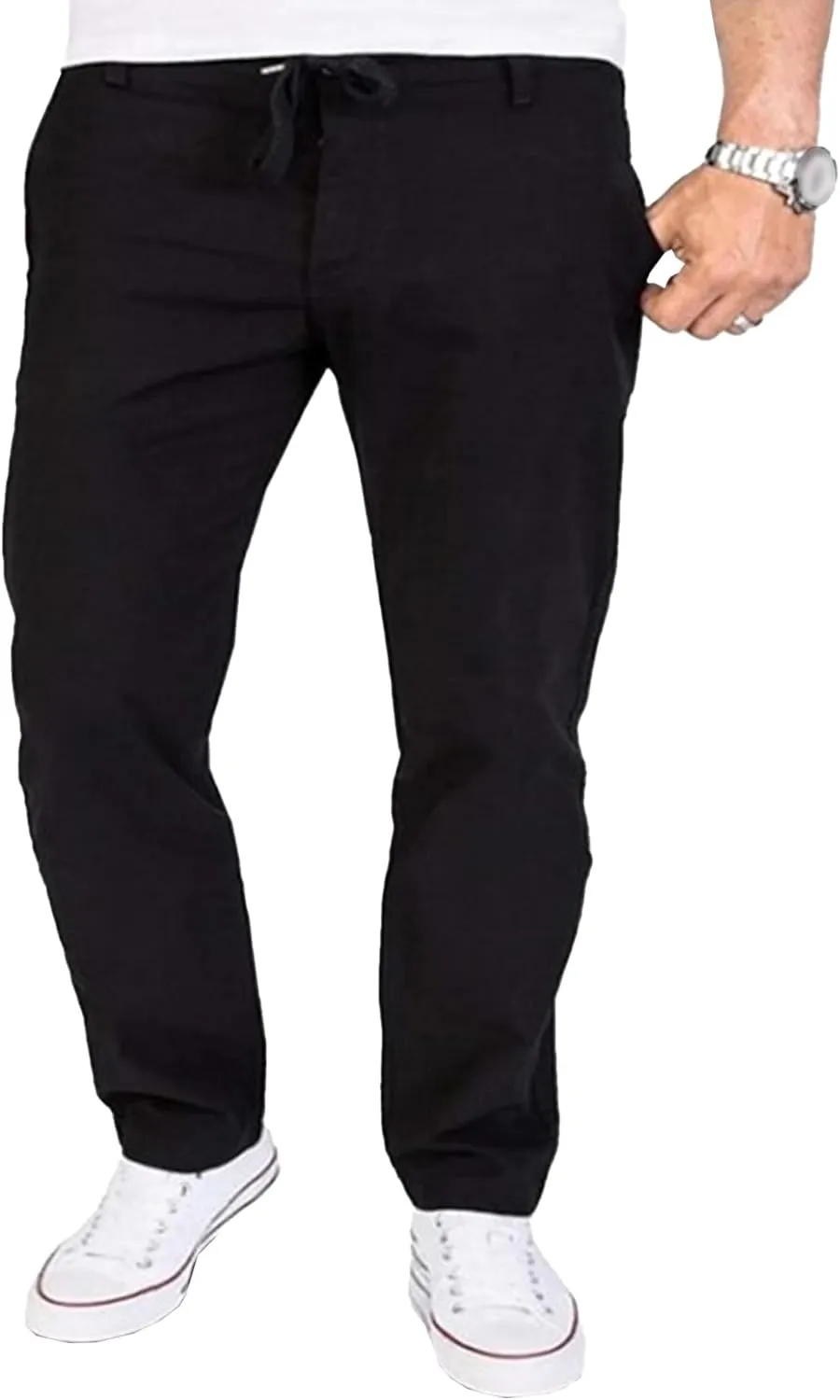 Men's Cotton Linen Drawstring Hiking Pants Elastic Waist Casual Summer Trousers Lightweight Solid Basic Long Pants