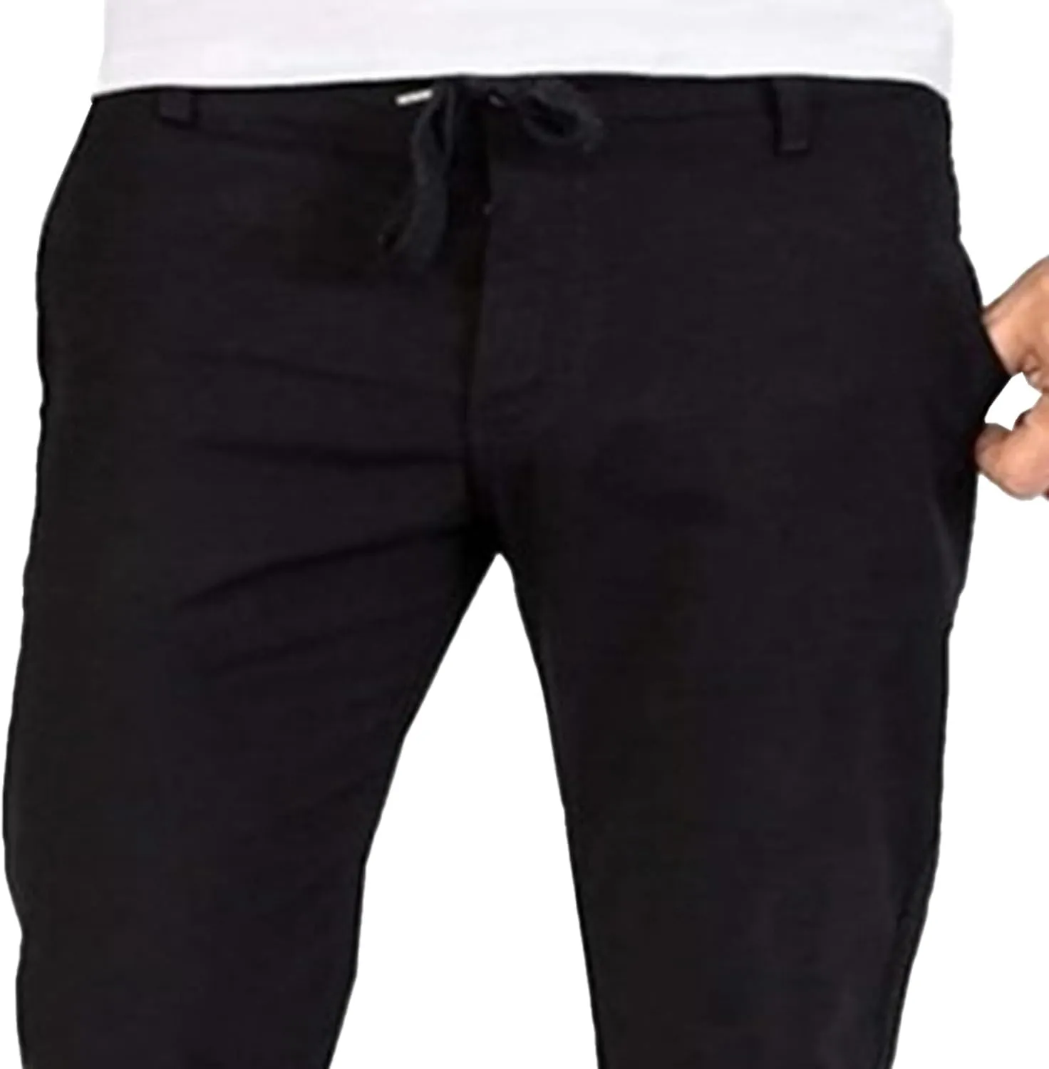 Men's Cotton Linen Drawstring Hiking Pants Elastic Waist Casual Summer Trousers Lightweight Solid Basic Long Pants