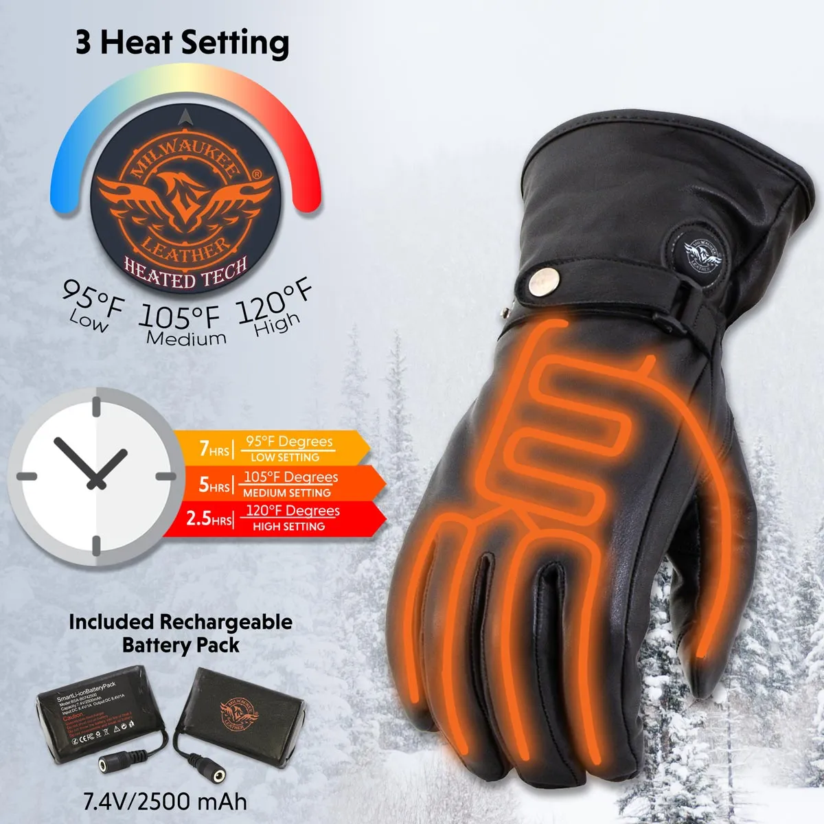 Milwaukee Leather MG7519SET Mens Black Leather Heated Winter Gloves for Motorcycle Ski Hiking w/ Battery & i-Touch