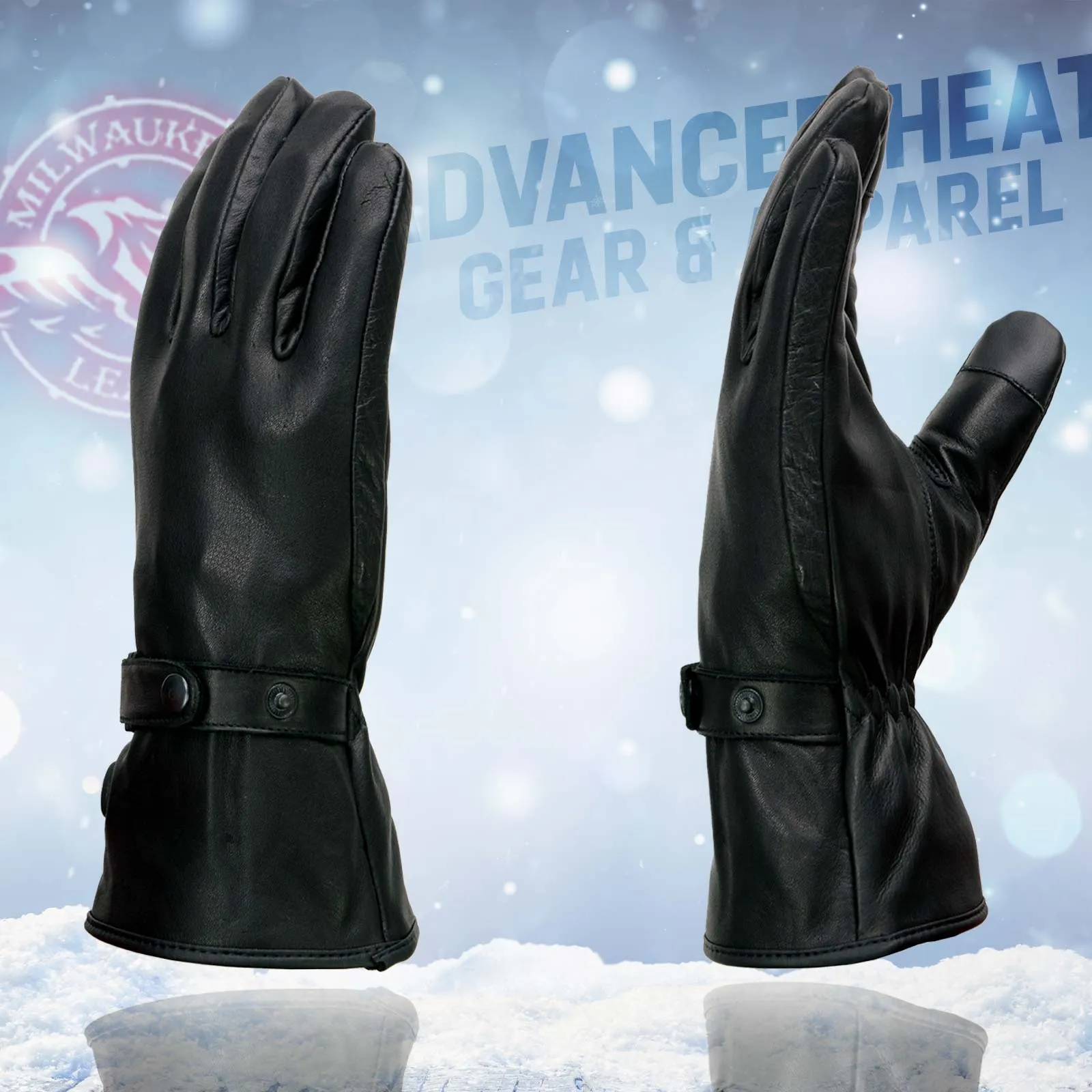 Milwaukee Leather MG7519SET Mens Black Leather Heated Winter Gloves for Motorcycle Ski Hiking w/ Battery & i-Touch