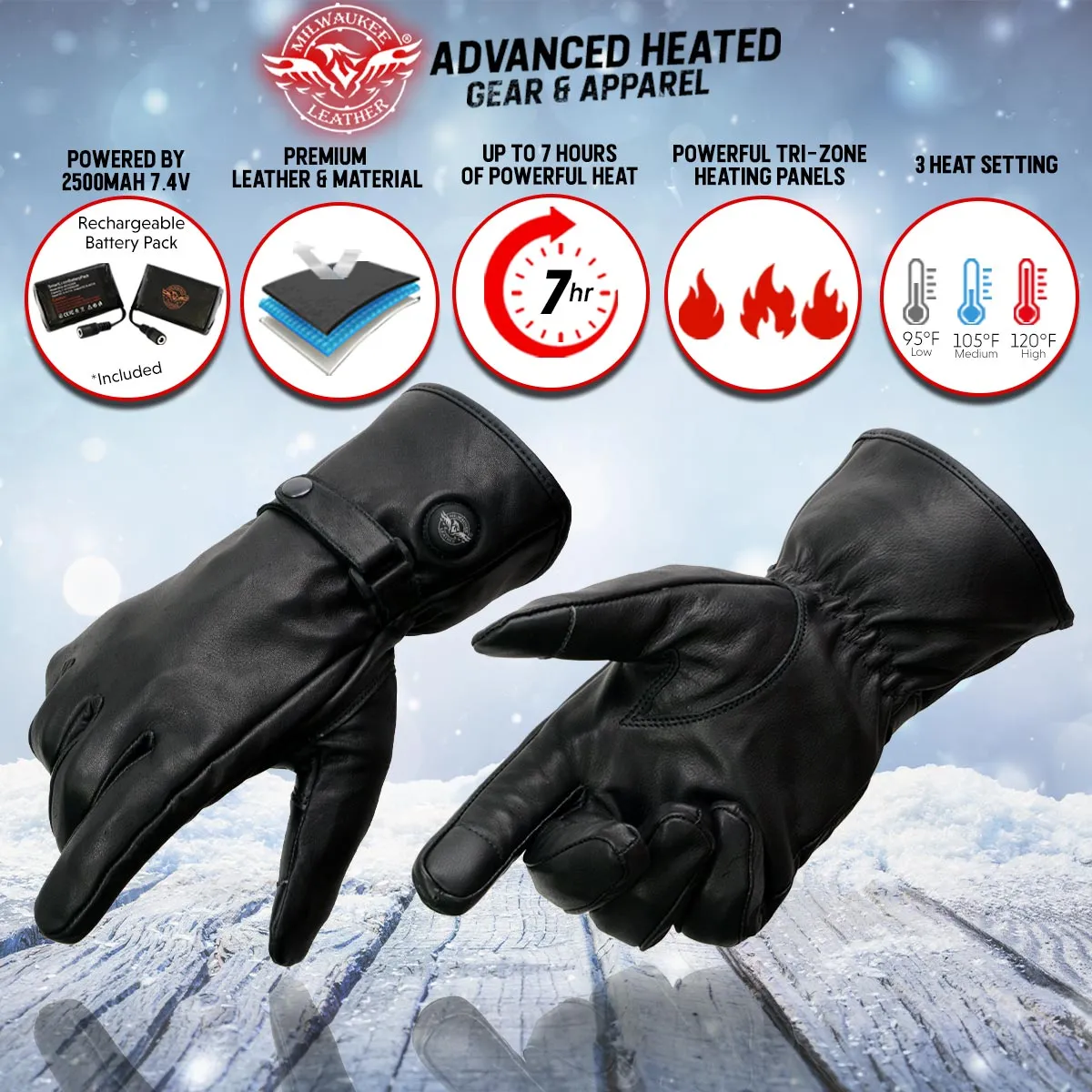Milwaukee Leather MG7519SET Mens Black Leather Heated Winter Gloves for Motorcycle Ski Hiking w/ Battery & i-Touch