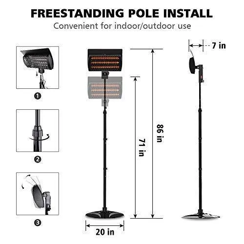 PATIOBOSS Electric Outdoor Patio Heater, Standing/Wall Mounted Infrared Space Heater 3 Power Modes with Remote Control and 12-Hour Timer Quiet Water-Resistant for Indoor/Outdoor Use Garage Porch