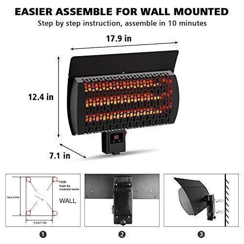 PATIOBOSS Electric Outdoor Patio Heater, Standing/Wall Mounted Infrared Space Heater 3 Power Modes with Remote Control and 12-Hour Timer Quiet Water-Resistant for Indoor/Outdoor Use Garage Porch