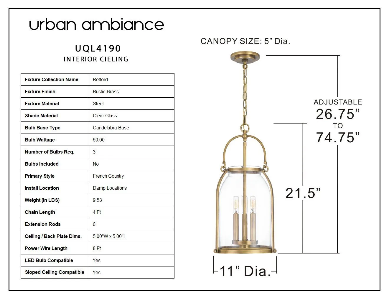 UQL4190 French Rustic Chandelier 21.5''H x 11''W, Rustic Brass Finish, Retford Collection