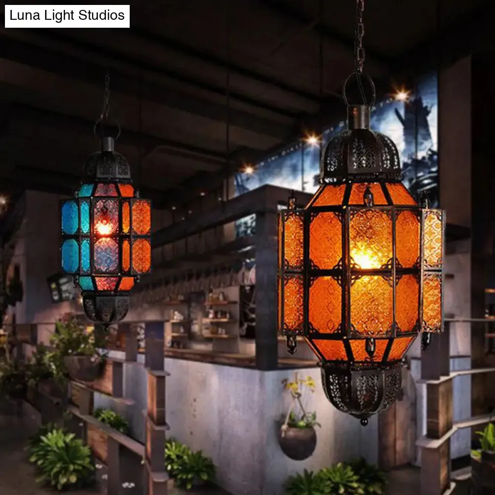 Vintage Black Lantern Pendant with Yellow Textured Glass Shade - 1-Bulb Restaurant Ceiling Light