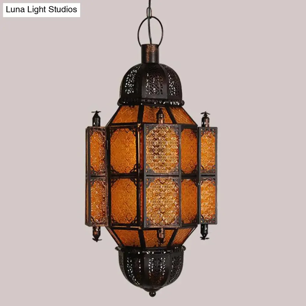 Vintage Black Lantern Pendant with Yellow Textured Glass Shade - 1-Bulb Restaurant Ceiling Light