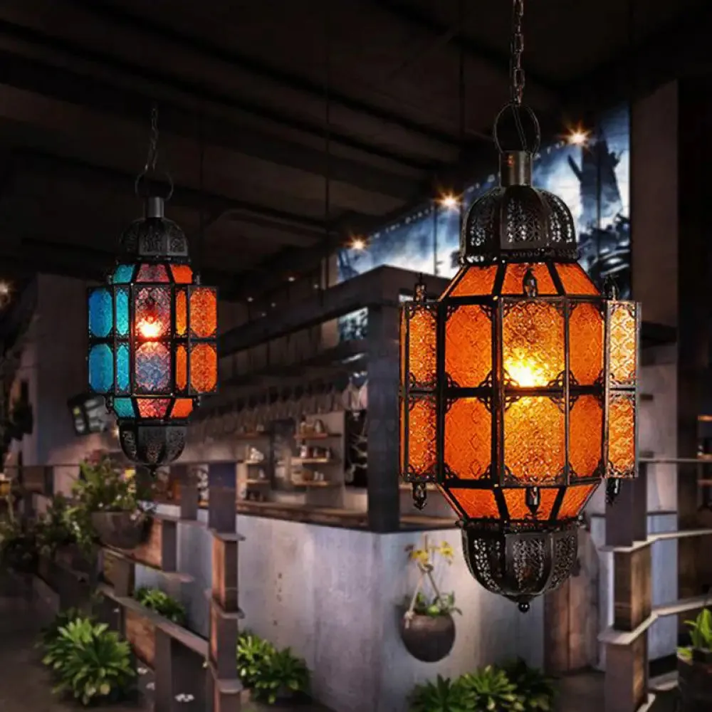 Vintage Black Lantern Pendant with Yellow Textured Glass Shade - 1-Bulb Restaurant Ceiling Light